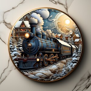 May include: A blue vintage steam train journeys through a snowy winter landscape. The train is illuminated by a bright moon and stars. The train is surrounded by snow-covered trees and houses.