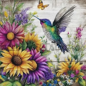 Kolibri lila Blumen und Sonnenblumen png Sublimation digitales Design Download Kranz Zeichen Wind Spinner Schneidebrett Bild Westernbild