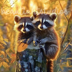 May include: Two baby raccoons sitting on a tree stump in a forest setting. The raccoons are brown and black with white markings on their faces. The background is a blurred image of trees and leaves.