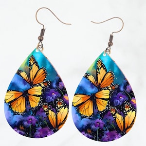 Butterflies Floral Tear Drop Earring PNG For Sublimation Download Teardrop Earring Template PNG Floral Earrings File Download