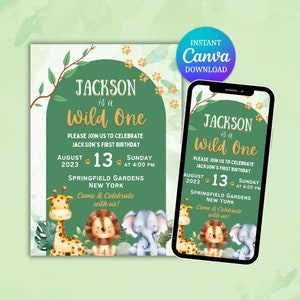 Wild One Party Invite, Birthday Invitation, First Birthday Invitation, Party Invitation, Digital Download, Green Birthday Invite