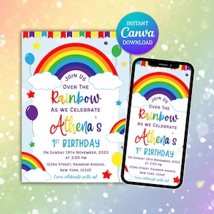 Rainbow Birthday Party Invite, Birthday Invitation, Rainbow Invitation, Party Invitation, Digital Download, First Birthday Invite
