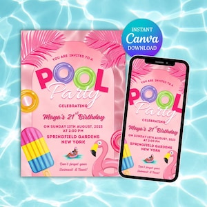 Pink Pool Party Invite, Birthday Invitation, Pool Invitation, Party Invitation, Digital Download, Pink Birthday Invite