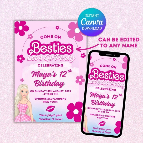 Doll Party Invite, Birthday Invitation, Barb Invitation, Party Invitation, Digital Download, Pink Flower Birthday Invite