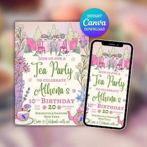 Tea Party Invite, Birthday Invitation, Tea Invitation, Birthday Party Invitation, Digital Download, Pink Birthday Invite