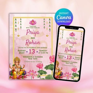 Bewerkbare roze Lotus bloem bruiloft uitnodiging, Lotus bruiloft uitnodiging, hindoe uitnodiging, Ganesha uitnodiging, bewerkbare uitnodiging