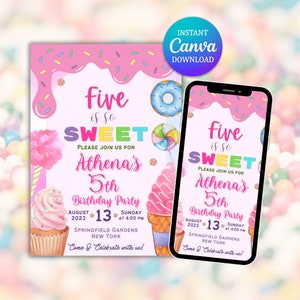 May include: A pink and white birthday invitation for a 5th birthday party. The invitation features a pink background with colorful sprinkles and a variety of sweet treats, including a cupcake, ice cream cone, donut, and lollipop. The text on the invitation reads "Five is so Sweet" and "Athena's 5th Birthday Party". The date and time of the party are listed as "August 13, 2023 at 4:00 PM". The location is listed as "Springfield Gardens, New York". The invitation also includes the phrase "Come & Celebrate with us!"