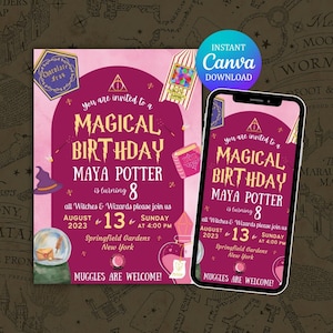 Pode incluir: Um convite de aniversário rosa e roxo com um tema mágico. O convite apresenta um chapéu de mago, uma varinha mágica, um livro e uma garrafa de poção. O texto do convite diz "Você está convidado para um aniversário mágico Maya Potter está completando 8 anos. Todas as bruxas e magos, por favor, juntem-se a nós em 13 de agosto de 2023 às 16:00 Springfield Gardens Nova York. Os trouxas são bem-vindos!"