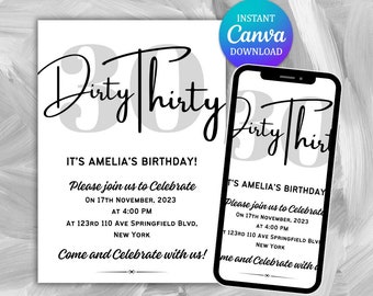 Invito per il compleanno di Dirty Thirty, invito in bianco e nero (download digitale)