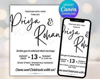 Modello di invito di nozze in bianco e nero, design semplice e moderno (download digitale)