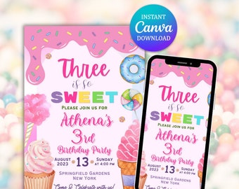 Invito di compleanno "Tre dolci caramelle", invito rosa (download digitale)