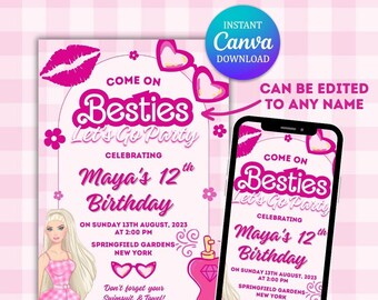 Doll Birthday Party Invitation, Pink Flower Invite (Digital Download)