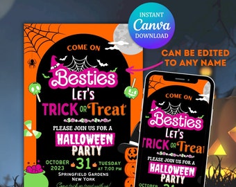 Invito per festa di Halloween con bambola, modello Canva modificabile (download digitale)