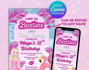 Invito per festa in piscina con bambole, compleanno con fiori rosa (download digitale)