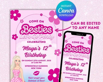 Invito per festa di compleanno di bambole, fiori rosa (download digitale)