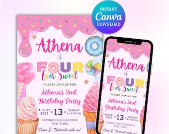 Invito di compleanno Four Ever Sweet Candyland, modificabile per il quarto compleanno (download digitale)