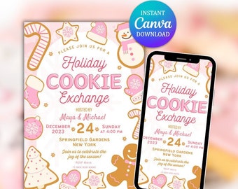Invito per lo scambio di biscotti natalizi rosa, invito natalizio modificabile (download digitale)