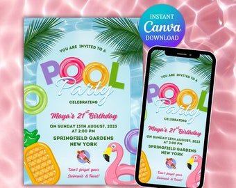 Invito di compleanno per festa in piscina modificabile, modello Canva (download digitale)