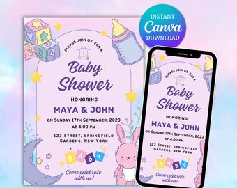 Invito modificabile per baby shower, multicolore, modello Canva (download digitale)