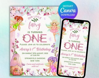 Invito per il primo compleanno di una fata, invito floreale rosa (download digitale)