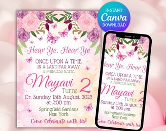 Invito di compleanno modificabile con farfalla rosa, invito principessa (download digitale)