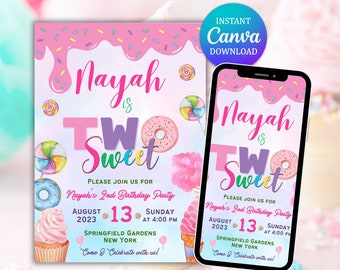 Invito di compleanno a tema "Two Sweet Candyland", invito per festa rosa (download digitale)