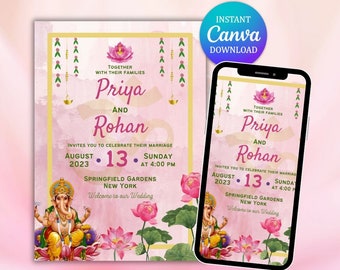 Invito di nozze indù con loto rosa, Ganesha, modificabile (download digitale)