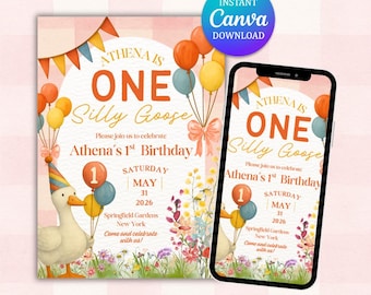 Invito di compleanno Silly Goose, tema One Silly Goose (download digitale), invito per il primo compleanno, un compleanno, compleanno a tema rosa