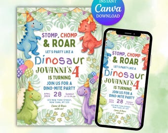 Invito per il 4° compleanno a tema dinosauro, modello Canva modificabile (download digitale), compleanno a tema dinosauro