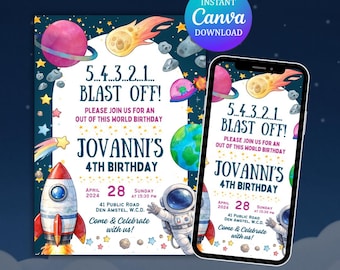 Invito spaziale, invito di compleanno, invito spaziale, invito per la quarta festa, download digitale, invito di compleanno spaziale, festa magica