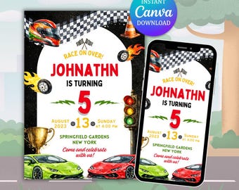 Invito di compleanno per auto da corsa, invito modificabile per festa di corse (download digitale)