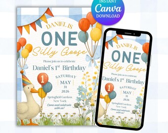 Invito per il primo compleanno di Silly Goose, tema blu (download digitale), invito per il primo compleanno