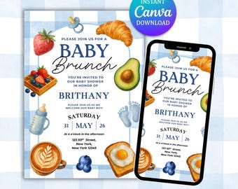 Invito per il brunch del neonato, tema blu (download digitale)