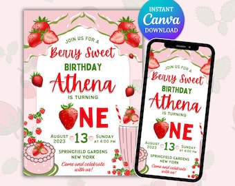Invito di compleanno con fragole dolci e bacche, modello Canva modificabile (download digitale)