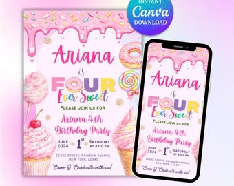 Invito di compleanno "Four Ever Sweet" a tema Candyland con acquerelli, modificabile, per il quarto compleanno (download digitale)