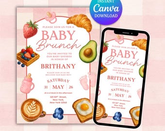 Invito per brunch per neonata, tema rosa (download digitale), invito per baby shower