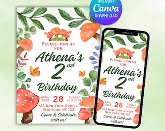 Invito di compleanno a tema funghi acquerellati, festa nella foresta magica (download digitale)