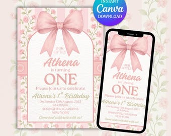 Invito di compleanno con fiocco rosa, modello Canva modificabile (download digitale)