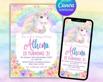 Invito per il terzo compleanno a tema unicorno, terzo compleanno modificabile (download digitale), invito unicorno
