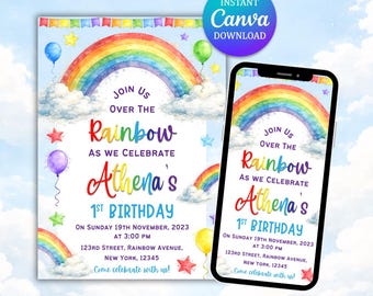 Invito per il primo compleanno arcobaleno, invito per festa modificabile (download digitale)