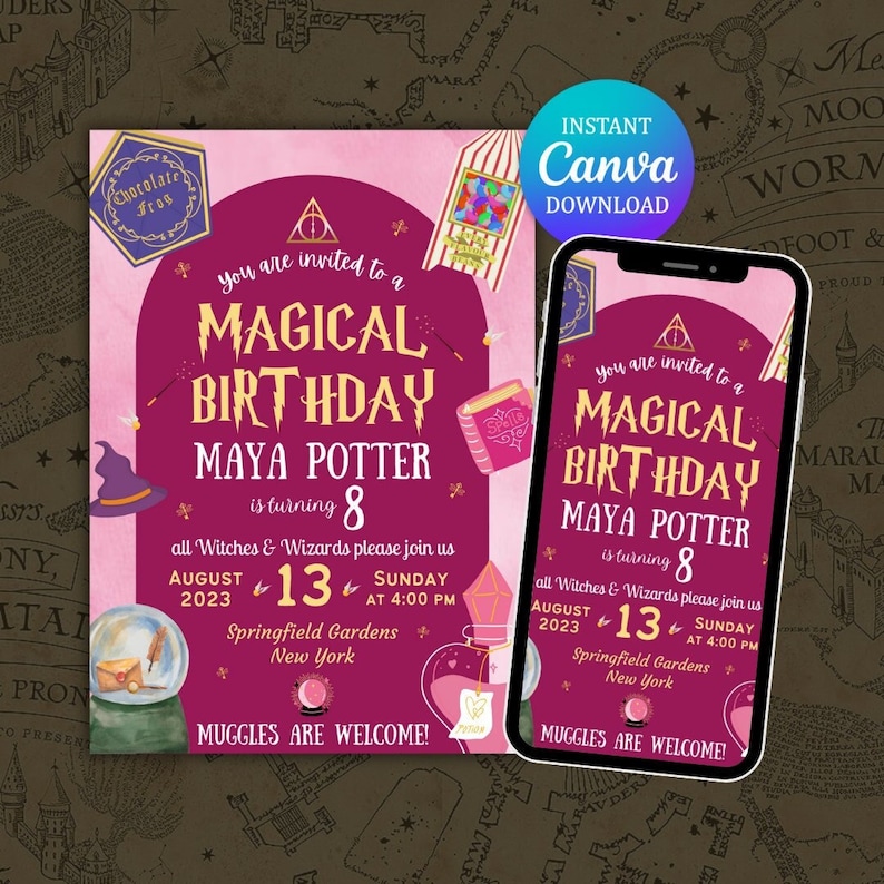 Pink Harry Potter Party Invite, Birthday Invitation, Harry Potter