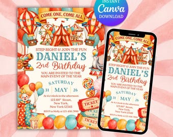 Invito a tema circo, invito di compleanno, invito di carnevale, invito per festa di compleanno, download digitale, invito di compleanno a tema circo di carnevale