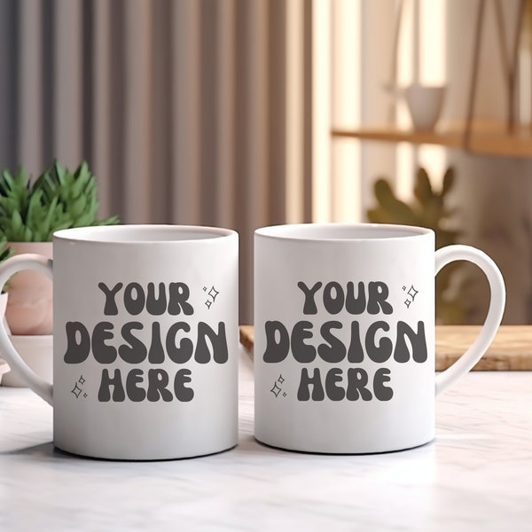 White 11oz Mugs Mockup Set | Two Sided Coffee Mugs Mocks | Ceramic Cup Mockups | Sublimation Mug Design Mockup | Boho 11 Ounce Mug Mock Ups