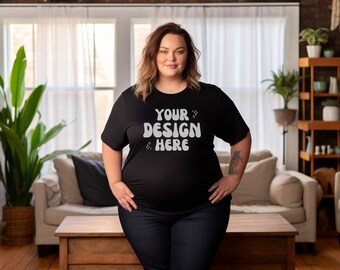 Plus Size Mockup Gildan 5000 | Plus Size Model Black T-Shirt | Inclusive Mockup | Bella Canvas Mockup | Boho Background | Canva POD XL - 5XL