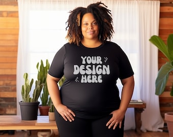 Plus Size Mockup Bella Canvas 3001 | Black Model Plus Size Model Black T-Shirt | Inclusive Mockups | Boho Background | African American 2XL