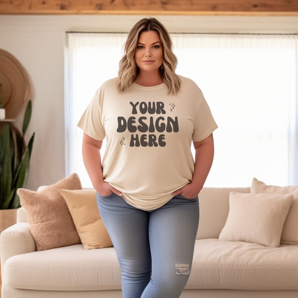 Plus Size Mockup Bella Canvas 3001 | Plus Size Model Sand T-Shirt | Inclusive Mockups | Gildan Mockup | Boho Background | Canva POD XXL 5XL