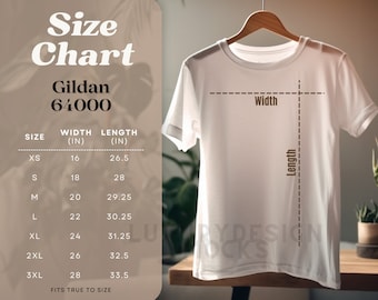 May include: Size chart for Gildan 64000 t-shirts, showing width and length measurements in inches for sizes XS to 3XL. The chart indicates that the shirts fit true to size.