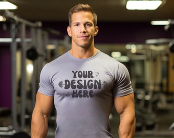 Male Model Gym Bella Canvas 3001 T-Shirt Mockup | Men's Fitness Model Gray Shirt | Gym Male Model Mockup | Fitness Shirt | Instant Download