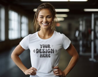 Female Model Gym Bella Canvas 3001 T-Shirt Mockup | Exercise Model White T-Shirt | Gym Model Mockups | Gildan Mockup | Work Out Shirt | POD