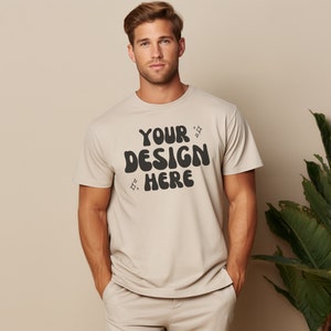 Men&#39;s Gildan 5000 Mockup | Male Gildan Sand T-Shirt | Mens Studio Mockups | Male Model Beige T Shirt Boho Studio Mockup | Fathers Day Mocks